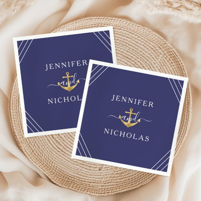 Guardanapo De Papel Casamento de Âncora Dourada Azul Marinho Náutico (Nautical Navy Blue Gold Anchor Wedding Napkins)