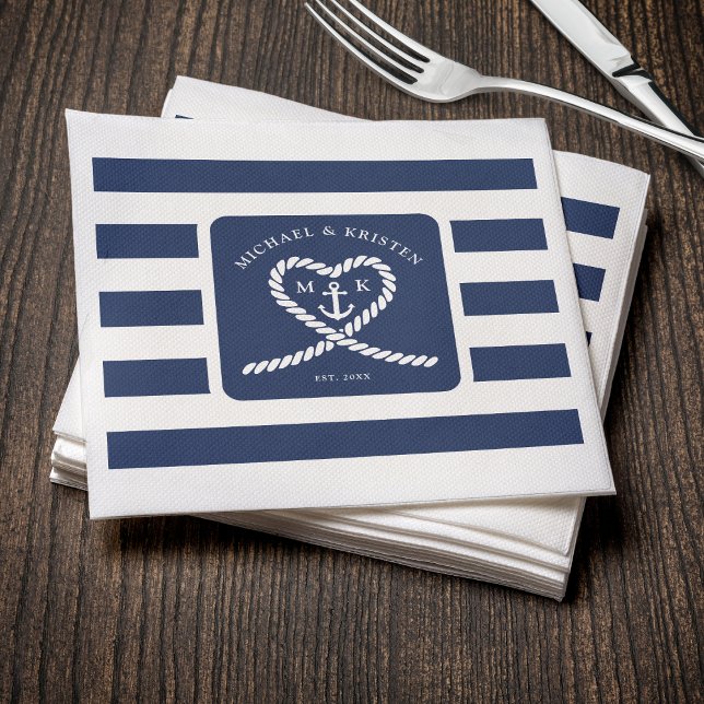 Guardanapo De Papel Casamento de Âncora Náutica Blue Striped Heart (Nautical Blue Striped Heart Anchor Wedding Napkins
)