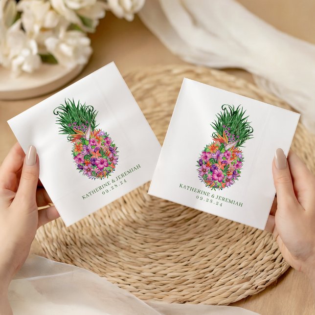 Guardanapo De Papel Casamento de Aquarela Tropical Floral de Abacaxi (Tropical Floral Pineapple Watercolor Wedding Napkins)