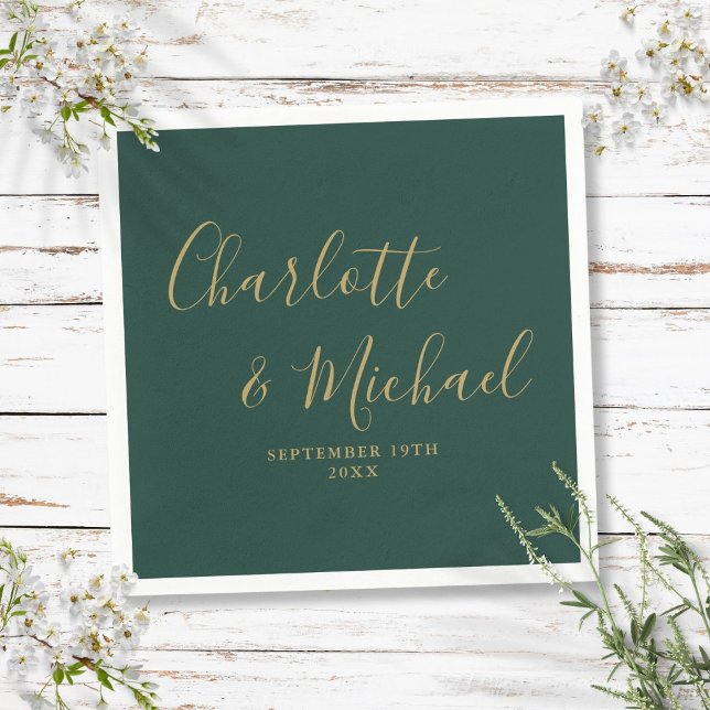 Guardanapo De Papel Casamento De Assinatura Elegante Emerald Green E D (Emerald Green And Gold Elegant Signature Wedding Napkins)