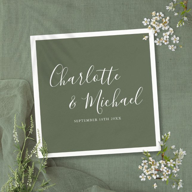 Guardanapo De Papel Casamento de Assinatura Elegante Verde-Olival Mini (Minimalist Olive Green Elegant Signature Wedding Napkins)