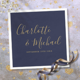 Guardanapo De Papel Casamento de Azul Marinho e Dourado com Letra de A