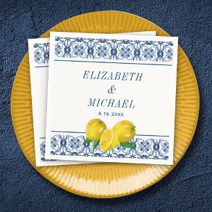 Guardanapo De Papel Casamento de Azulejo Azul Italiano com Limão de Aq