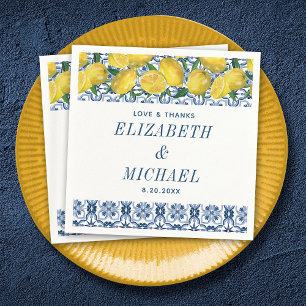 Guardanapo De Papel Casamento de Azulejo Azul Italiano com Limão de Aq