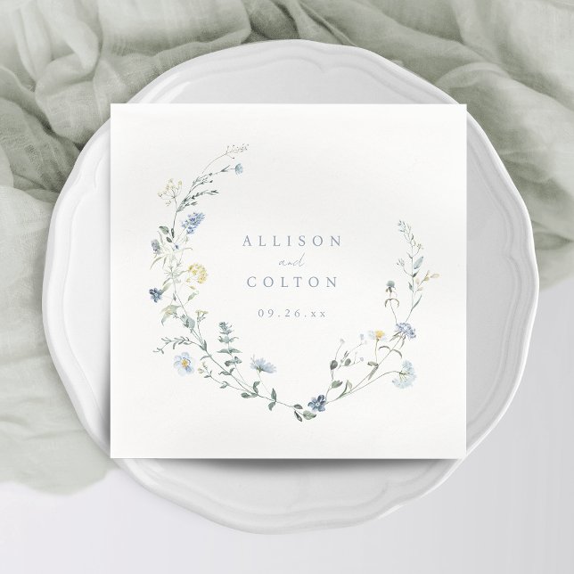 Guardanapo De Papel Casamento de Boho Russo de Flor Selvagem Azul Eleg (Elegant Dusty Blue Wildflower Rustic Boho Wedding Napkins)