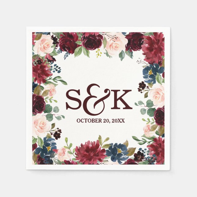 Guardanapo De Papel Casamento de Boho Russo Floral Marinho Vermelho Bu (Frente)