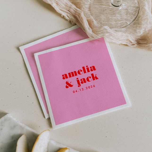 Guardanapo De Papel Casamento de Bright Bold Pink e Red Modern Monogra (Bright Bold Pink and Red Modern Monogram Wedding Paper Cocktail Napkins)