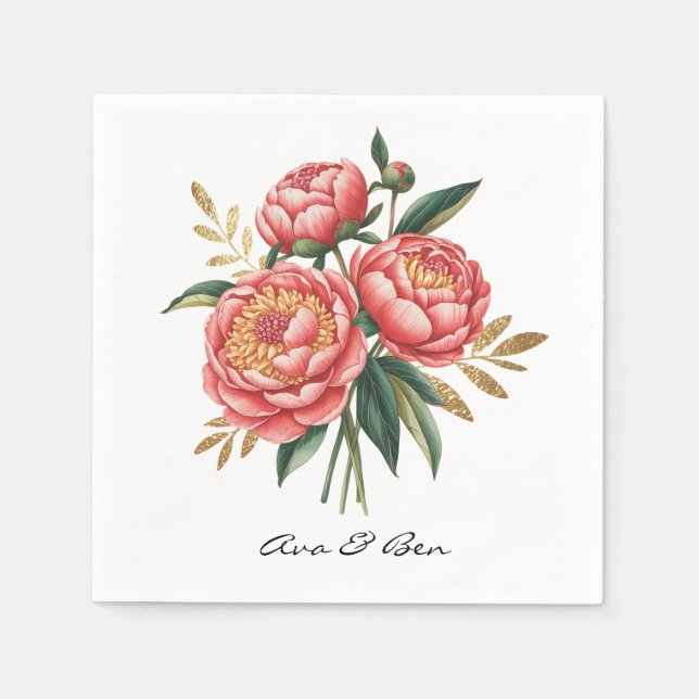 Guardanapo De Papel Casamento de Buquê de Peony Laranja Elegante (Frente)