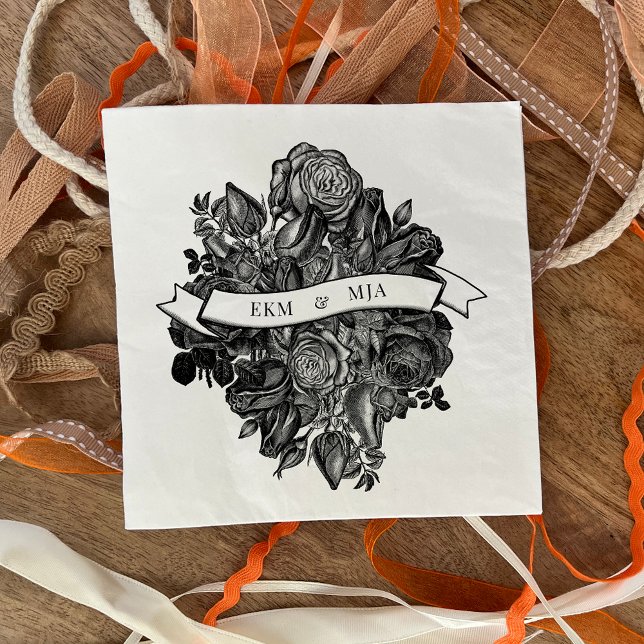 Guardanapo De Papel Casamento de Buquês Rosas Brancos Negros (Criador carregado)
