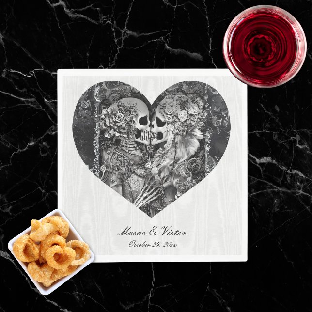 Guardanapo De Papel Casamento de Casal de Esqueleto Branco e Preto Gót (Gothic Black & White Skeleton Couple Wedding Napkins)