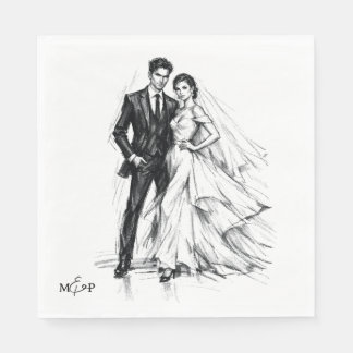 Guardanapo De Papel Casamento de Casal Esboço de Carvão de Moda Modern