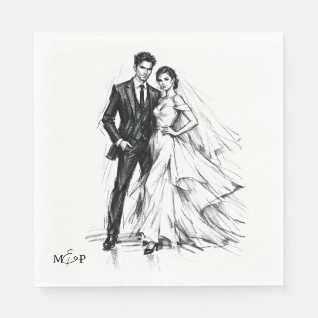 Guardanapo De Papel Casamento de Casal Esboço de Carvão de Moda Modern (Frente)