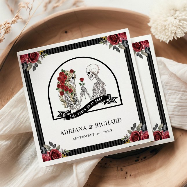 Guardanapo De Papel Casamento de casal esqueleto gótico com rosas verm (Criador carregado)