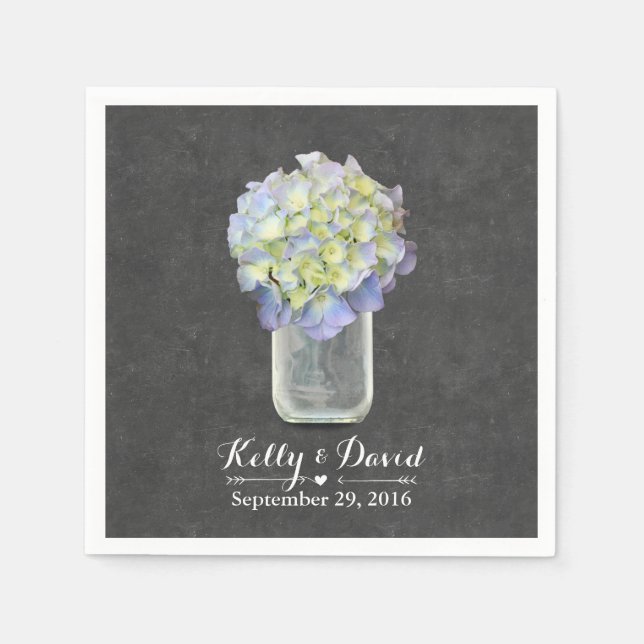 Guardanapo De Papel Casamento de Chalkboard Blue Hydrangea Mason Jar (Frente)