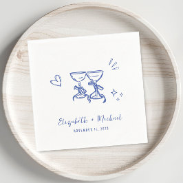 Guardanapo De Papel Casamento de Copos de Vinho Azuis Desenhados à Mão