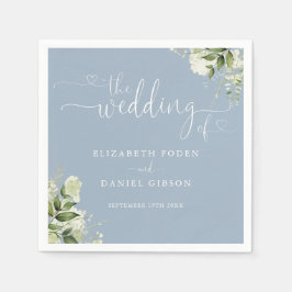 Guardanapo De Papel Casamento de Coração Floral em Azul Desbotado e Ve
