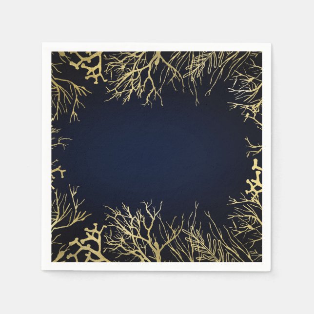 Guardanapo De Papel Casamento de Coral Elegante Azul e Marinho Dourado (Frente)