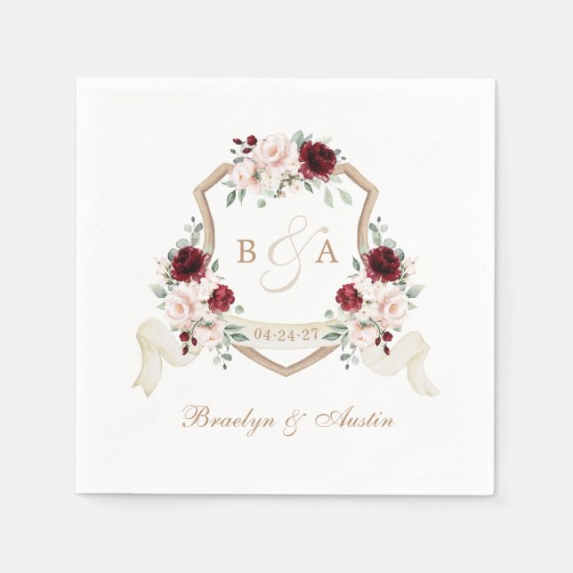 Guardanapo De Papel Casamento de Crest. Burgundy Floral Blush Elegante (Frente)