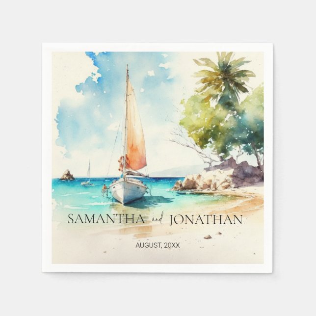 Guardanapo De Papel Casamento de cruzeiro de barco a aquarela minimali (Frente)