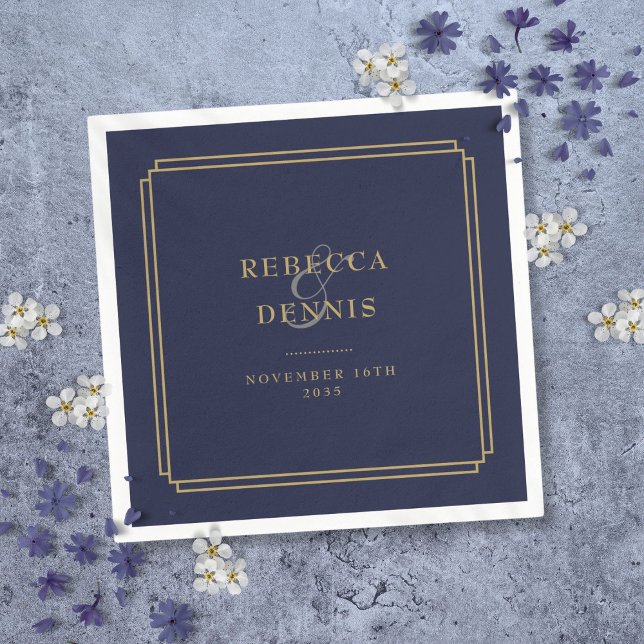 Guardanapo De Papel Casamento De Deco De Arte Azul E Dourada (Navy Blue And Gold Art Deco Wedding Napkins)