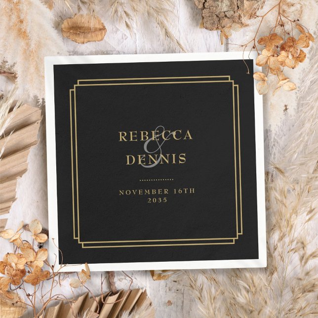 Guardanapo De Papel Casamento De Deco De Arte Preta E Dourada (Black And Gold Art Deco Wedding Napkins)
