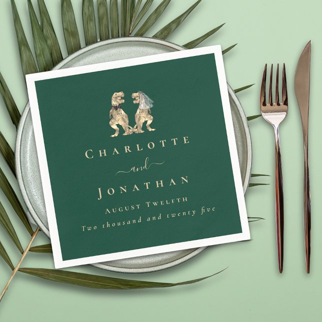 Guardanapo De Papel Casamento de Dinossauro Verde Escuro (dinosaur bride and groom wedding dark green Jurassic custom napkins)
