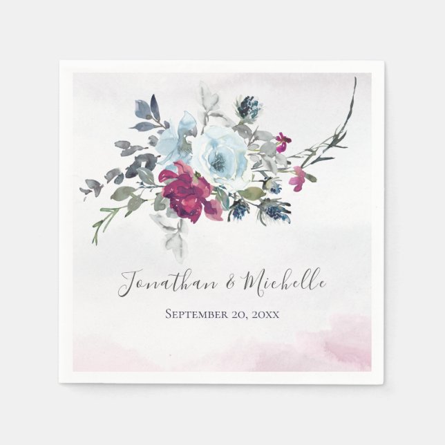 Guardanapo De Papel Casamento de Elegante Borgonha Branca e Rosas Azui (Frente)