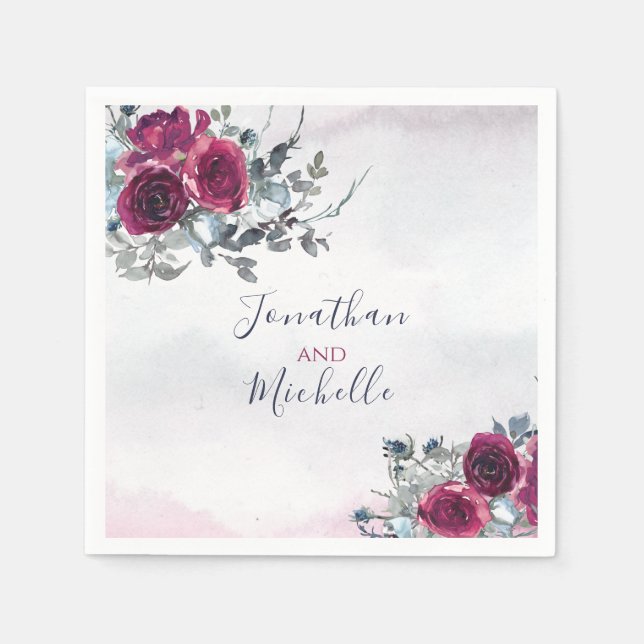 Guardanapo De Papel Casamento de Elegante Borgonha Branca e Rosas Azui (Frente)