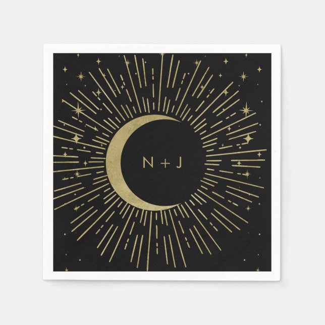 Guardanapo De Papel Casamento de Estrelas Preto e Dourado Sol Celestia (Frente)