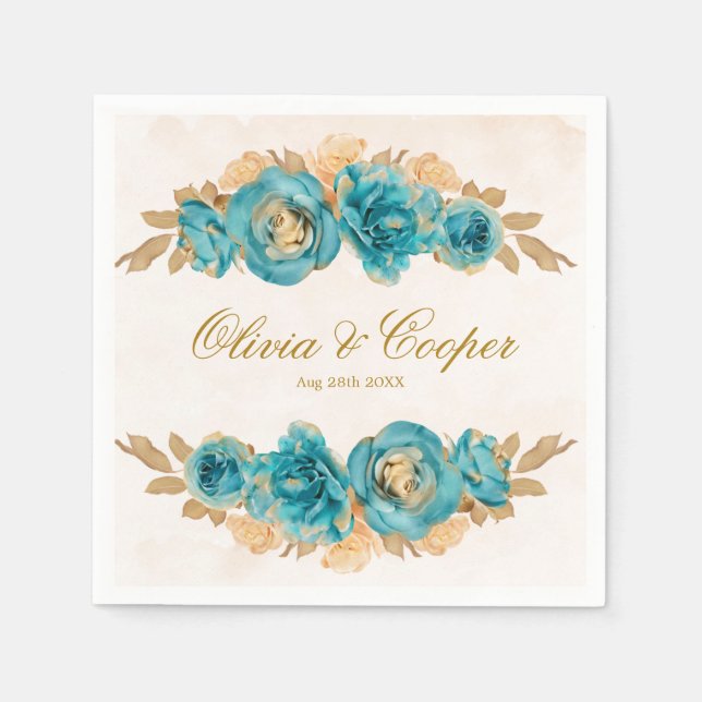 Guardanapo De Papel Casamento de Florais de Dourada Aquarela Teal e Cr (Frente)