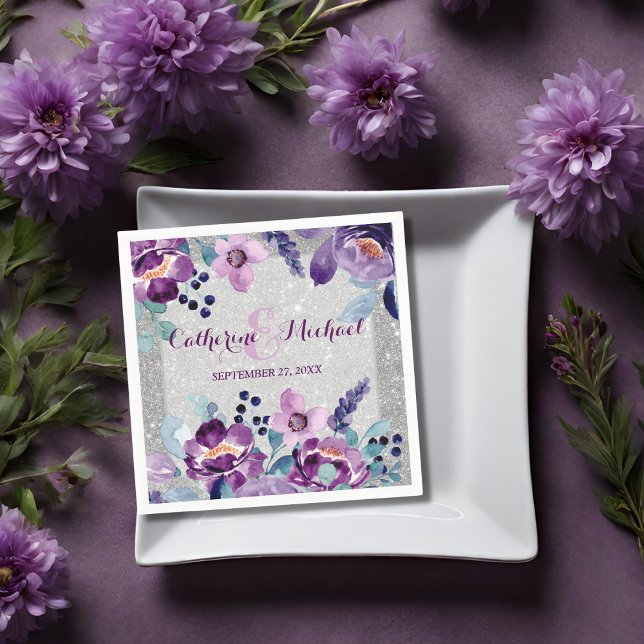 Guardanapo De Papel Casamento de Floral e Silver de Aquarela Roxo (Criador carregado)