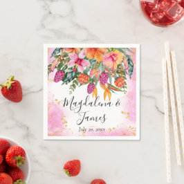 Guardanapo De Papel Casamento de Flores Tropicais Cor-de-Rosa Laranja