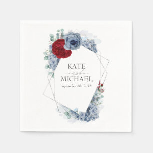 Guardanapo De Papel Casamento de Flores Vermelhas Dusty Blue e Borgonh