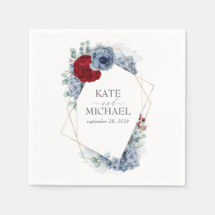 Guardanapo De Papel Casamento de Flores Vermelhas Dusty Blue e Borgonh