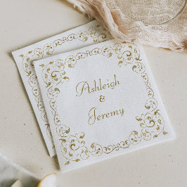 Guardanapo De Papel Casamento de Folhagem em Letra Dourada Elegante