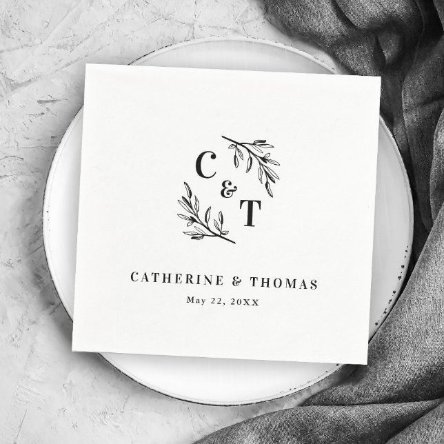 Guardanapo De Papel Casamento de Folhas de Verdura com Monograma Elega (Elegant Monogram Greenery Leaves Wedding Napkins.)