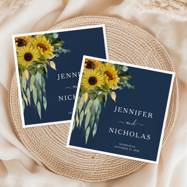 Guardanapo De Papel Casamento de Girassol Floral Azul-Marinho Moderno (Modern Navy Blue Floral Sunflower Wedding Napkins)