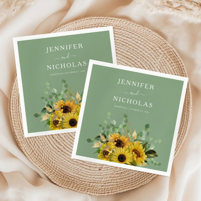 Guardanapo De Papel Casamento de Girassol Floral Verde Moderno (Modern Green Floral Sunflower Wedding Napkins)