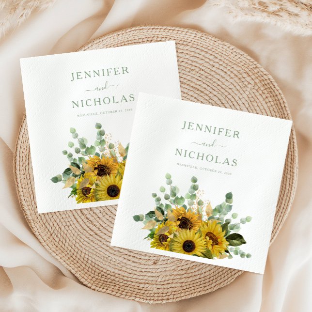 Guardanapo De Papel Casamento de Girassol Floral Verde Moderno (Modern Green Floral Sunflower Wedding Napkins)