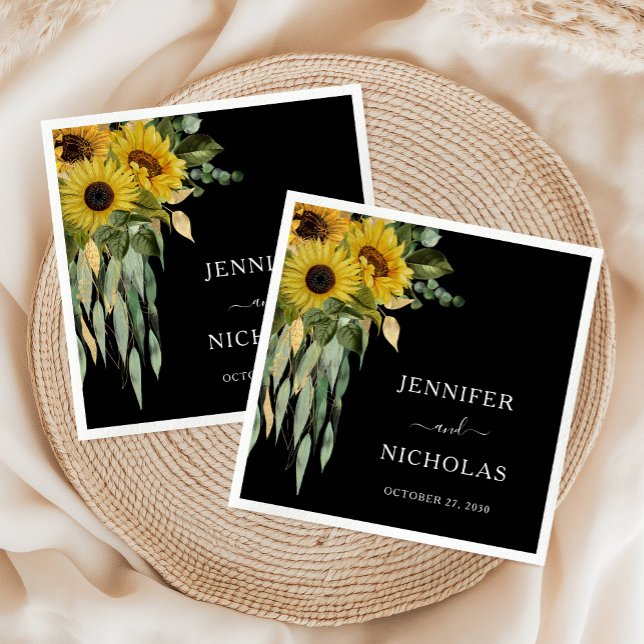 Guardanapo De Papel Casamento de Girassol Preto Moderno (Modern Black Sunflower Wedding Napkins)