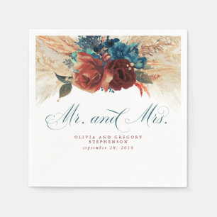 Guardanapo De Papel Casamento de Grass de Pampas Florais Teal Blue Ter
