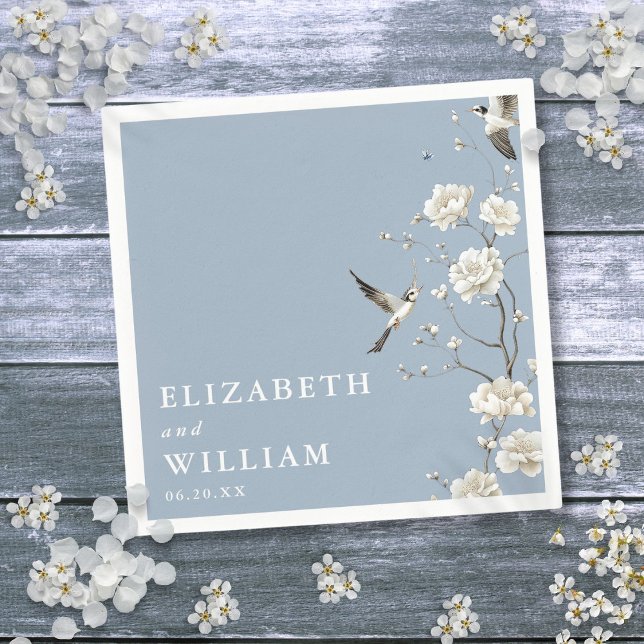Guardanapo De Papel Casamento de Jardim Floral Dusty Blue Chinoiserie (Dusty Blue Chinoiserie Floral Garden Wedding Napkins)