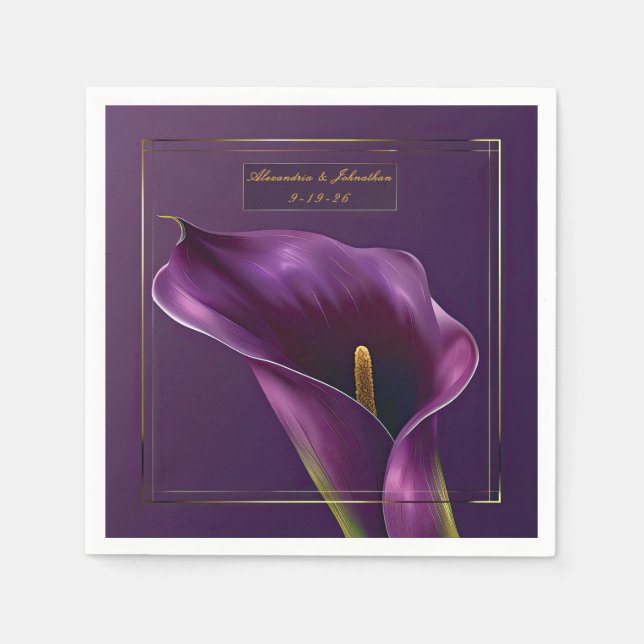 Guardanapo De Papel Casamento de Lírio de Calla Violeta e Dourado Eleg (Frente)