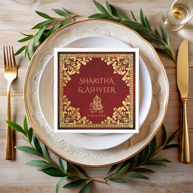 Guardanapo De Papel Casamento de luxo com noivas índias de elefante de (Maroon gold elephant Indian brides luxury wedding monogrammed Napkins personalized napkins)