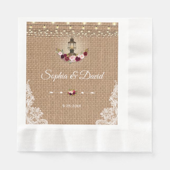 Guardanapo De Papel Casamento de Luzes de Lanterna Rustic Lace Burlap (Frente)