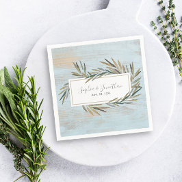Guardanapo De Papel Casamento De Madeira Azul Com Herbo Botânico Por A