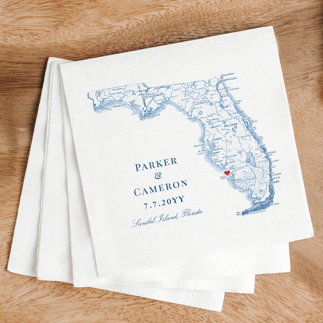 Guardanapo De Papel Casamento de Mapa da Flórida Elegante da Ilha Sani (Elegant Sanibel Island Florida map Wedding Napkins in navy blue from Coastal Map Designs)
