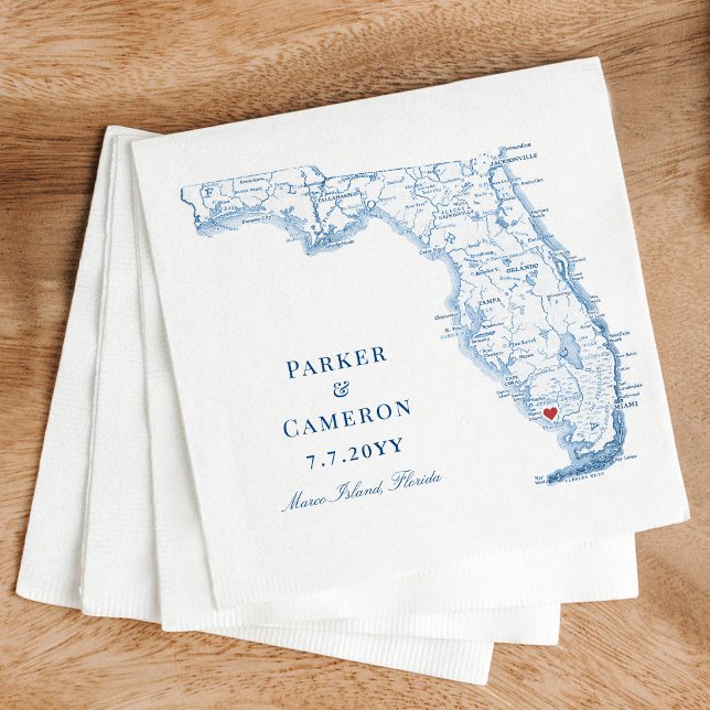 Guardanapo De Papel Casamento de Mapa da Flórida Elegante Marco Island (Elegant Marco Island Florida Wedding napkins with navy blue map from Coastal Map Designs)