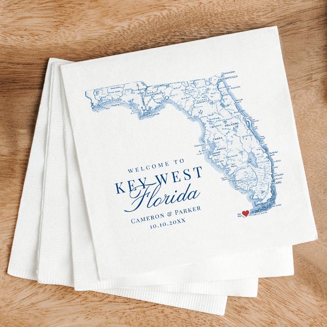 Guardanapo De Papel Casamento de Mapa do Oeste da Flórida Chave Elegan (Elegant Welcome to Key West FL Wedding napkins with navy blue Florida Map from Coastal Map Designs)