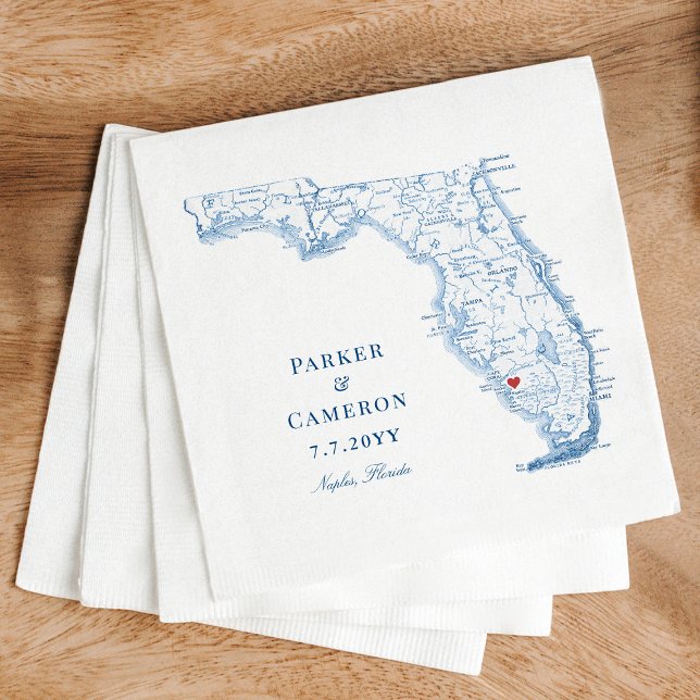 Guardanapo De Papel Casamento de Mapa Elegante de Nápoles na Flórida (Elegant Naples Florida Map Wedding Napkins in navy blue by Coastal Map Designs)
